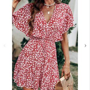 🎄NWT Luciana Red w/White Floral V-neck Flared Sleeve Ditsy Dress Size‎ Small